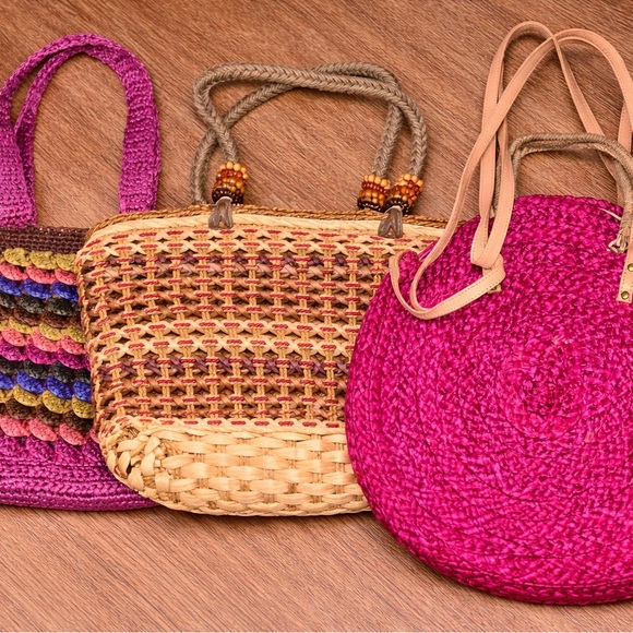 Custom Variety Pack Handbags - Woven Straw Bag Lot 3 Boho Summer Tote Pink Round Beach Purse Bundle box k x